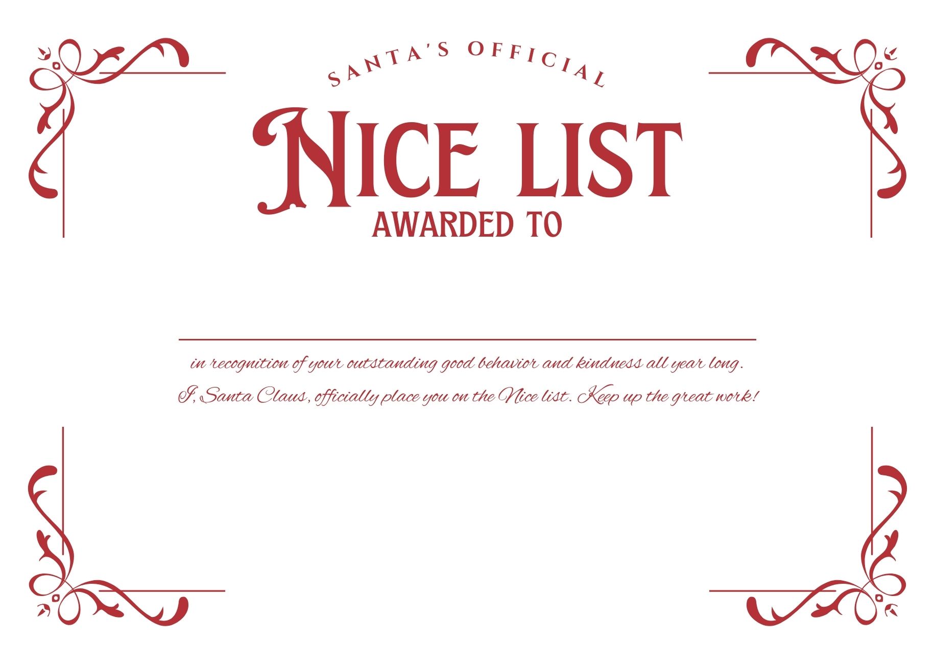 Official Santa Claus Nice List Certificate from Rovaniemi Lapland